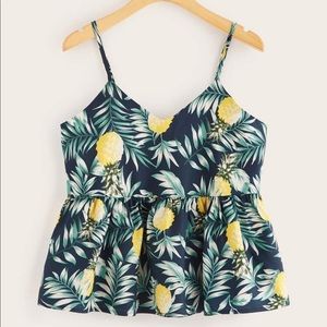 Leaf And Pineapple Print Ruffle Hem Cami Top